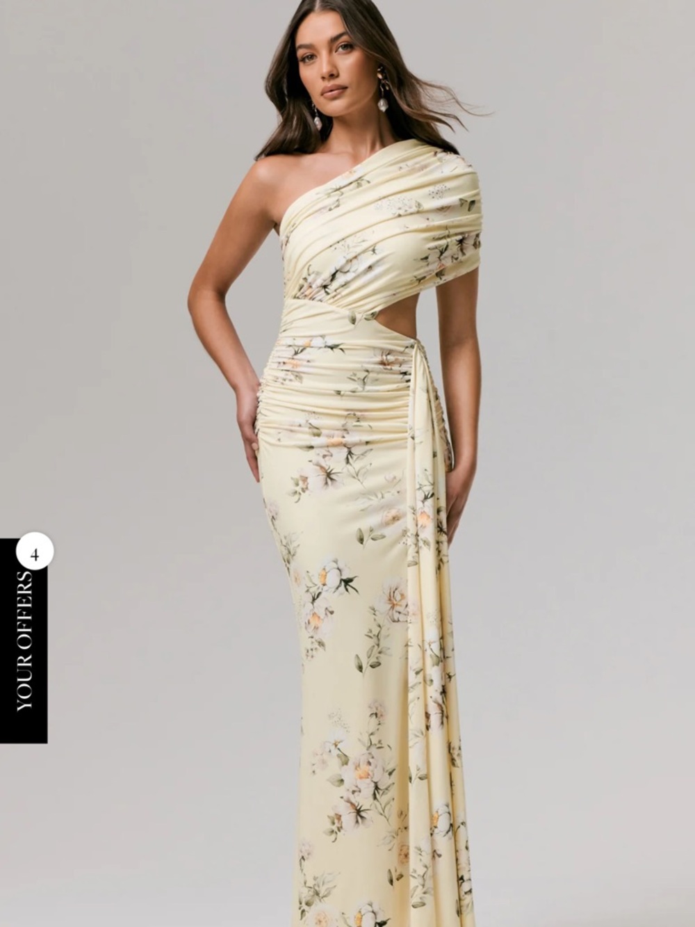 Club L London One-Shoulder Pale Yellow Floral Draped Gown